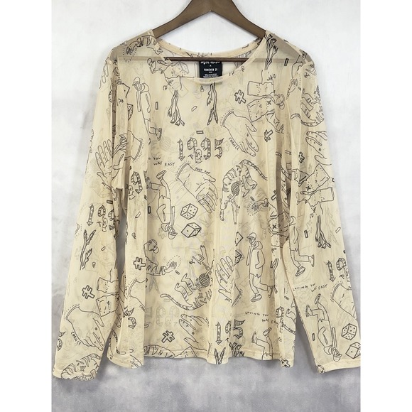 Forever 21 Tops - Forever 21 Yuki Haze Mesh Graphic Top Women 3X Sheer Doodle Print Street Indie